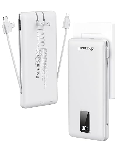 Charmast Portable Charger with Built-in Cables and Plug, 10000mAh USB C Power Bank Fast Charging 15W, External Battery Pack Slim, Travel Essentials Compatible with 16 15 14 13, Samsung Galaxy, iPad - Gray