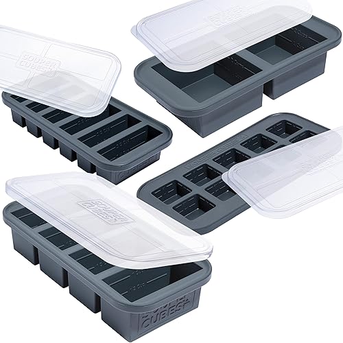 Souper Cubes Silicone Freezer Molds Gift Set with 2 Tbsp, 1/2, 1, and 2 Cup Silicone Freezer Trays With Lids - Meal Prep and Kitchen Essentials Bundle - Charcoal - Charcoal