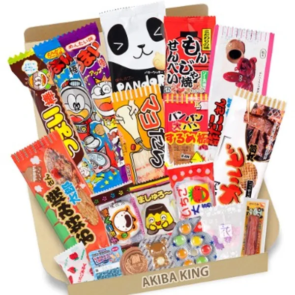 Trial Japanese Small Candy Dagashi Set 20pcs Umaibo Snack Gumi Potato Chip Kitty Chocolate w/ AKIBA KING Sticker
