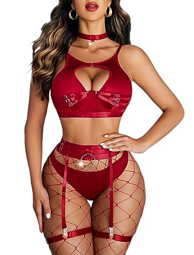 Avidlove Sexy Lingerie Set with Underwire Push Up Bondaged Lingerie Set 5 Piece Strappy Lingerie Set(No Stockings) - X-Small - Dark Red