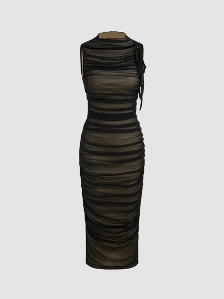 Cider | Mesh Ruched High Neck Midi Dress (Black)