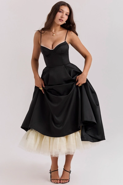 Clothing : Midi Dresses : 'Mademoiselle' Black Floaty Midi Dress