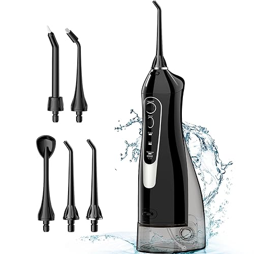 Water Dental Flosser Portable Pick Teeth: Upgrade Child Mode 4 Modes Portable Cordless 300ML Rechargeable Travel Irrigation Black - Black