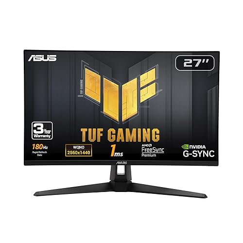 ASUS TUF Gaming 27” 1440P HDR Monitor (VG27AQ3A) – QHD (2560 x 1440), 180Hz, 1ms, Fast IPS, 130% sRGB, Extreme Low Motion Blur Sync, Speakers, Freesync Premium, G-SYNC Compatible, HDMI, DisplayPort - 27" QHD 180Hz G-SYNC