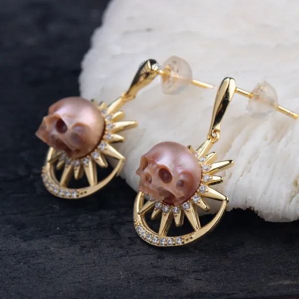 Moon and sun skull carved pearl earring star shape S925 earring real freshwater pearl gothic jewelry handmade gift for wedding