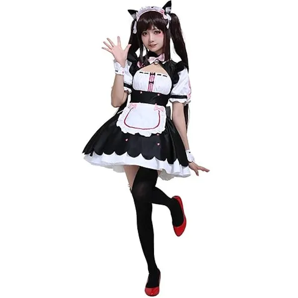 Cosplay.fm Women‘s Chocolate Cosplay Costume Maid Dress with Apron Petticoat Cat Ears Tail