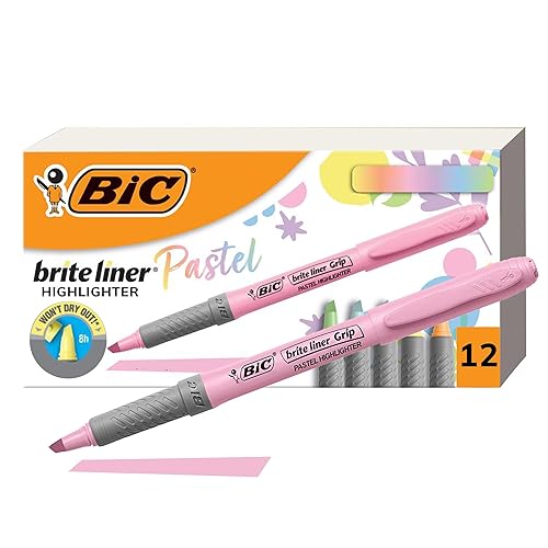 BIC Brite Liner Grip Pastel Highlighter Set, Chisel Tip, 12-Count Pack of Pastel Highlighters in Assorted Colors, Cute Highlighters for Bullet Journaling, Note Taking and More - Pastel - 12-Count (Pack of 1) - Highlighter