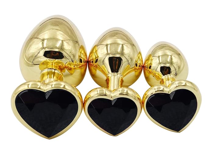 3Pcs Set Luxury Metal Butt Toys Heart Shaped Anal Trainer Jewel Butt Plug Kit S&M Adult Gay Anal Plugs Woman Men Sex Gifts Things for Beginners Couples Large/Medium/Small,Golden Black - Golden Black