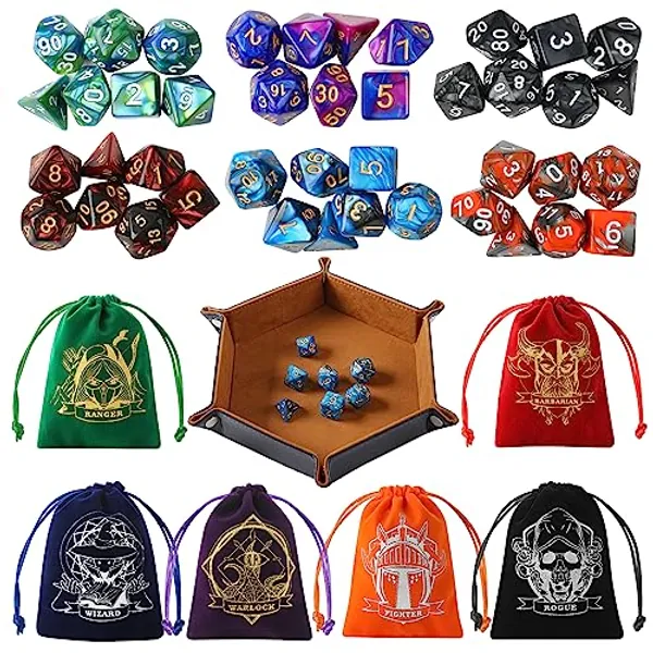 Grajar D&D Dice Set with Characters Pattern Dice Pouches, 42 Pcs polyhedral dice Set, PU Leather and Velvet dice Tray for Dungeons and Dragons D&D RPG MTG Table Games