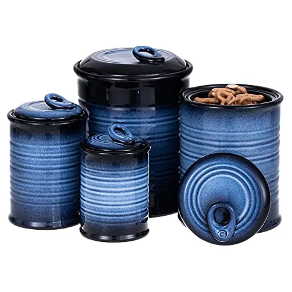 Nihow Blue Ceramic Storage Jar (Pack of 4) | Flour/Sugar/Rice/Coffee/Cookies/Candy | Air Tight Lid, Seal Damp-proof