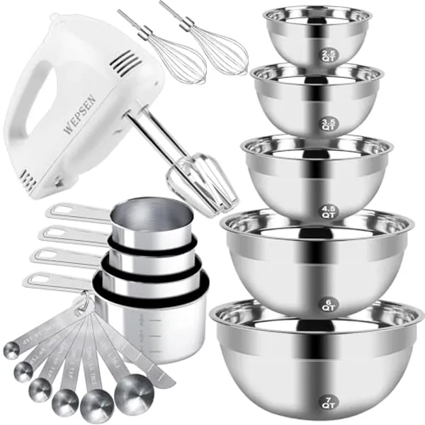 WEPSEN Hand Mixer Electric Mixing Bowls Set, 5 Speeds Handheld Mixer with 5 Nesting Stainless Steel Mixing Bowl, Measuring Cups Spoons 200W Kitchen Blender Whisk Beater Baking Supplies For Beginner