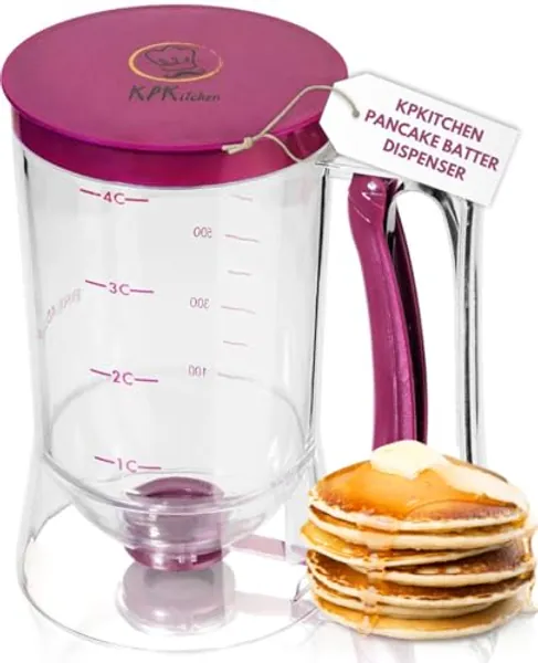 KPKitchen Pancake Batter Dispenser - Kitchen Must Have Tool for Perfect Pancakes, Cupcake, Waffle, Muffin Mix, Cake & Crepe - Easy Pour Baking Supplies for Griddle - Pancake Maker with Measuring Label