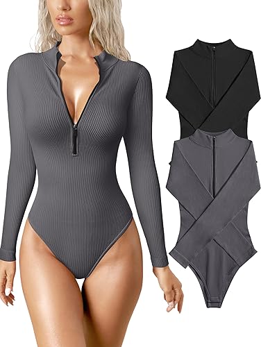 OQQ Women's 2 Piece Bodysuits Sexy Ribbed One Piece Zip Front Long Sleeve Tops Bodysuits - Black,darkgrey - X-Large