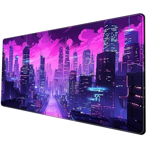 Desk Pad Cyberpunk Purple Desk Mat City Skyline Gaming Extended Mouse Pad Big Office Keyboard Pc Laptop for Women Large Mousepad with Stitched Eges Non-Slip Base Mouse Keyboard Mat 31.5x11.8 in - C-purple Clouds