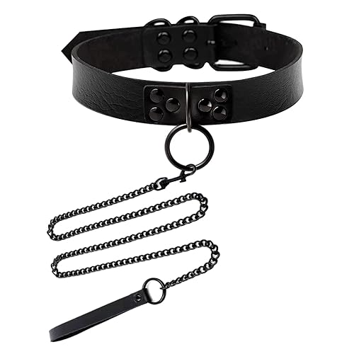 Tosmifairy Collar with Leash for Women,Black Ring Faux Leather Choker Necklace and Hauling Chain Set Goth Punk Accessories Vintage Jewelry Gifts