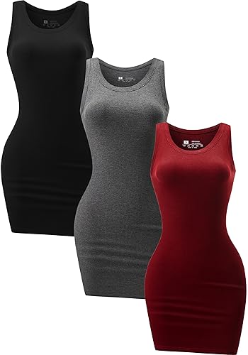 Chongbaijia 3 Piece Womens Summer Ribbed Tank Dress Scoop Neck Sleeveless Tank Top Dresses Basic Bodycon Mini Dress - Black/Gray/Red1 - XX-Large