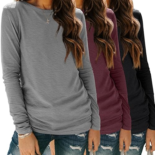 SUNBS Womens 3 Packs Long Sleeve Shirts Loose Fit Fall Tops Fashion Clothes Outfits 2024 Basic Tee Crew Neck Tops
