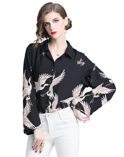 Women's Elegant Collared Neck Allover Print Button-Up Loose Blouse Casual New Season Tops