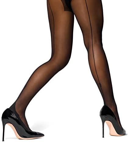 sofsy Medias con fina costura trasera para mujeres, Reforzadas de forma invisible medias de nylon con talón francés | 20 Den - M - Negra Con Costura Negra
