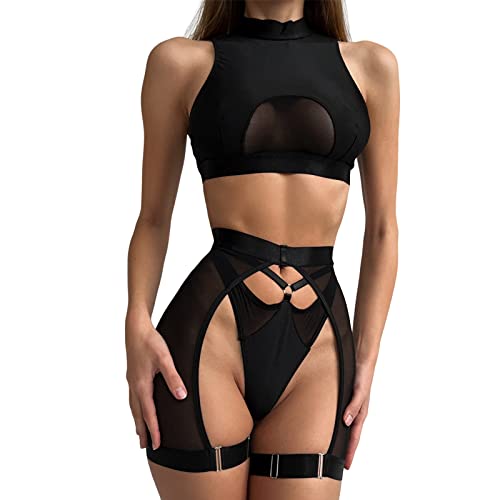 2024 ropa interior divertida para mujer correa anillo de acero ropa interior moda ver a través de conjunto de sujetador sexy para mujer conjunto de tres piezas lencería sexy traviesa roja - Le Noir - M