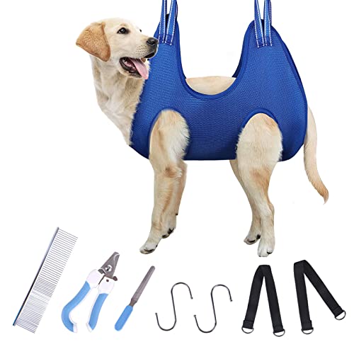 Hamaca de Aseo Multifuncional para Perros Gatos, Hamaca para el Cuidado de Mascotas para Perros Transpirable con Cortaúñas, Lima de Uñas, Peine para Gatos, Perros, Aseo, Recorte de Uñas, S, Azul - S