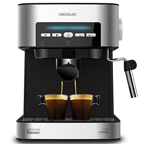 Cecotec Cafetera express Power Espresso 20 Matic. 850 W, 20 Bares, 1,5L, Brazo Doble Salida, Vaporizador, Superficie Calientatazas, Mandos Digitales, Acabados en Acero Inoxidable, Negro/Plata - Matic