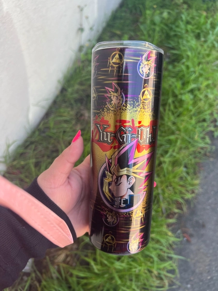 20oz silver stainless steel tumbler, yu gu oh tumbler, silver anime tumbler, yu-gi-oh holo tumbler