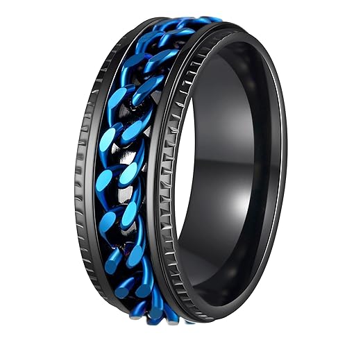 Udolfly Mens Fidget Rings Anxiety Rings for Men Women Chain Spinner Rings for Men Titanium Steel Ring - Black Blue - 6