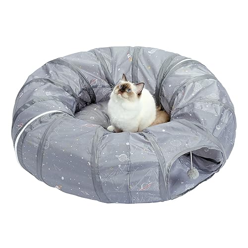 PAWZ Road Cat Toys, Cat Tunnel Tube with Central Mat, Cat Tunnel Bed with Hanging Ball and Peek Hole for Small Pets Kittens Rabbits Puppy - Grey - Rocket Pattern