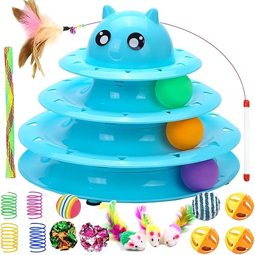 17 Pack Cat Toys Interactive for Indoor Cats Kitten Toy Fun Roller 3 Level Cat Teaser Ball Toys with Cat Feather Wand - Z-blue