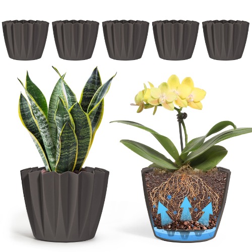 T4U Plastic Plant Pots for Indoor Plants - 6 Inch Self Watering Planter Small Flower Pot Brown, Decorative Nursery Planting Pot for Snake Plant, African Violet, Aloe and Most House Plants, Pack of 6 - Brown