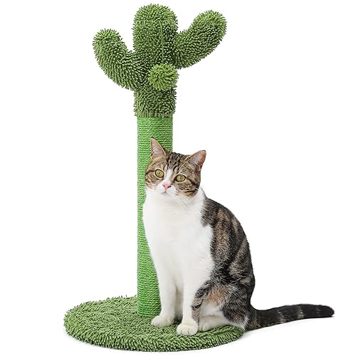 Made4Pets Cute Cactus Cat Scratching Post 25.6" for Small Medium Cat/Kitten Cat Scratcher Post Green with Natural Sisal Rope Cat Scratching Post Tree for Indoor Cats with Dangling Ball Toy - Medium - 65cm