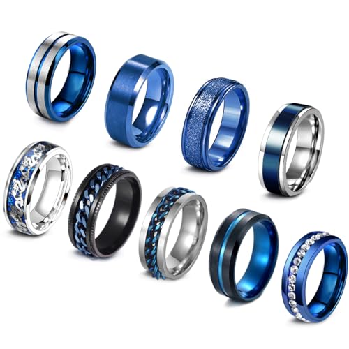 EIELO 9Pcs Stainless Steel Band Rings for Men Women Cool Fidget Spinning Chain Ring Anxiety Relief Fashion Simple Wedding Engagement Black Ring Set - Blue - 7