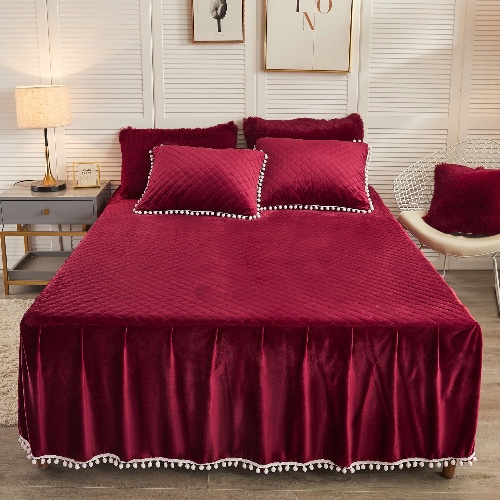 LIFEREVO Luxury Velvet Diamond Quilted Fitted Bed Sheet 3 Side Coverage 18 inch Drop Dust Ruffle Bed Skirt with Pompoms Fringe (Queen, Burgundy) - Queen Burgundy