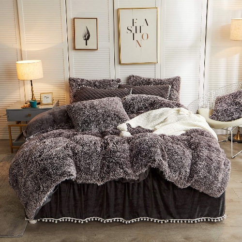 LIFEREVO Luxury Plush Shaggy Duvet Cover Set (1 Faux Fur Duvet Cover + 2 Pompoms Fringe Pillow Shams) Solid, Zipper Closure (Ombre Chocolate,Queen) - Ombre Chocolate Queen