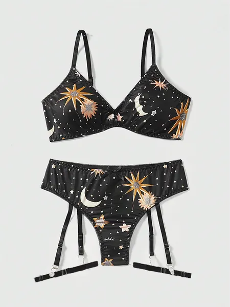 ROMWE Goth Women's Sexy Lingerie Set With Diamond Velvet Fabric And Star & Moon Prints