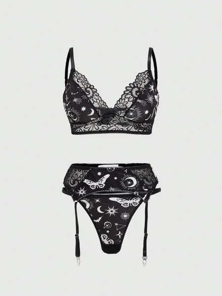 ROMWE Goth 3pcs Gothic Butterfly Sun Moon Star Print Triangle Cup Garter & Thong Sexy Lingerie Set For Women