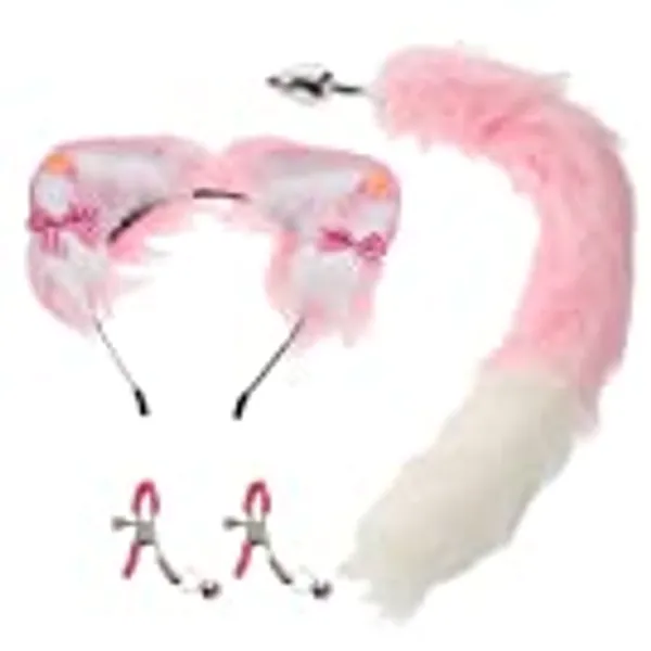 Abaodam Fox Animal Costume Set Fur Fox Ear Headband Furry Tail Plug and Clips Set for Women Cosplay Costumes Party Game