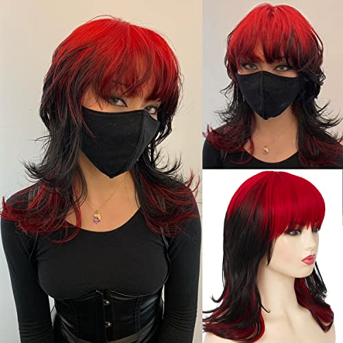 Baruisi Black Red Wigs for Women Shoulder Length Layered Shaggy Wig with Bangs Synthetic Halloween Cosplay Wig - Black&red
