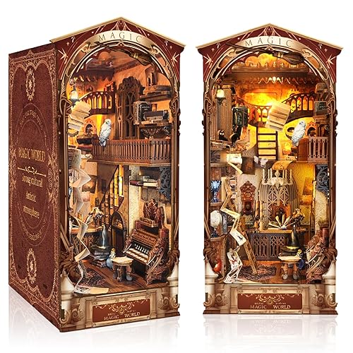 DIY Book Nook Kits for Adults - Magic World Booknook Bookshelf Insert Decor Crafts for Adult - 3D Wooden Puzzles Dollhouse Kit Book Shelf Decor with LED - Birthday Gift Home Decor for Adults - Magical World