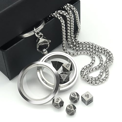 PJOY Mini Dice Set D&D DND Dice Set with Case Necklace Keychain Mini Metal Dice Set for Role Playing Dice Games as Dungeons and Dragons Gifts - Silver Grey