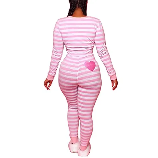 Sorlife Women Sexy Bodycon Onesie Pajama Heart Print Long Sleeve Button V Neck Jumpsuit One Piece Romper Valentines Sleepwear - C Pink + White Stripes & Heart - X-Large