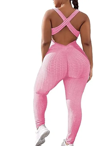 SEASUM Women Yoga Jumpsuit Backless One Piece Workout Catsuit Bodysuit Sleeveless Textured Gym Bodycon Romper - X-Large - #1 Pink