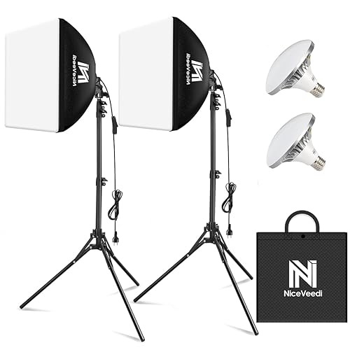 Softbox Lighting Kit, NiceVeedi 2-Pack 16'' x 16'' Softbox Photography Lighting Kit with 63” Tripod Stand & 5400K 450W Equivalent LED Bulb, Continuous Lighting for Photography/Video Record