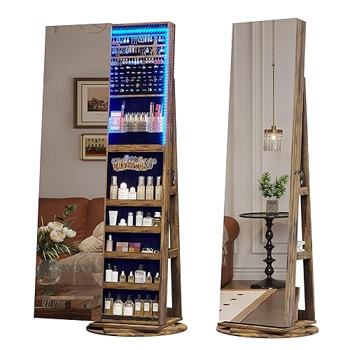 LVSOMT 360° Swivel Jewelry Mirror Cabinet with Lights, Standing Jewelry Armoire Organizer, 63" Stand Up Full Length Mirror with Jewelry Storage, Lockable with Back Storage Shelve - A-Rustic Brown