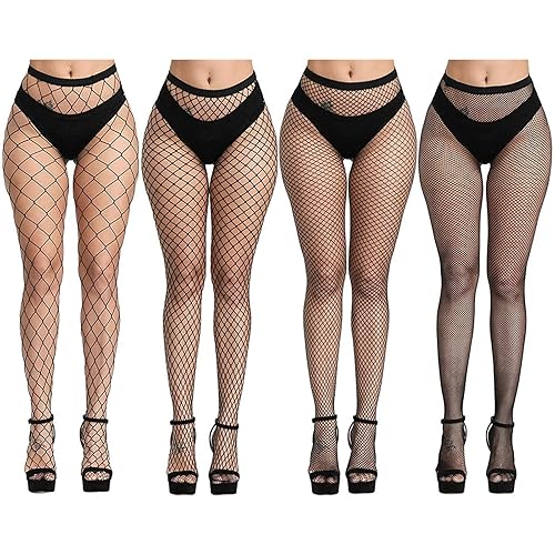 Aomig 4 PCS Black Fishnet Tights for Women, Pantyhose Fish Net Stockings, Fishnet Tights Stockings, High Stockings Sexy Outfit, High Waist Suspender Pantyhose, One Size Fit All - 4 Pcs - Large + Medium + Small + Mini Net Hole