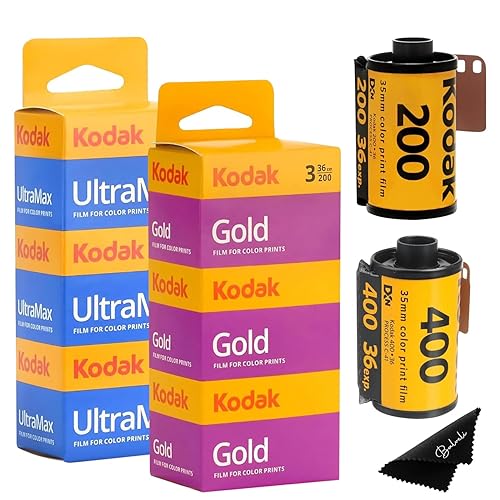 Kodak Ultramax 400 35mm Film 3 Pack & Kodak Gold 200 35mm Film 3 Pack Bundle (6 Total Rolls) 36exp for 35mm Film Camera 35mm - Kodak Film- Balveli Microfiber Cloth - 35 mm Film roll- Camera Film-