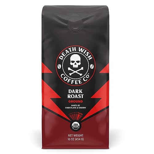 Death Wish Coffee Dark Roast Grounds - 16 Oz - Extra Kick of Caffeine - Bold & Intense Blend of Arabica & Robusta Beans - USDA Organic Ground Coffee - Dark Coffee Caffeine for Morning Boost - Dark Roast - 16 oz (Pack of 1)