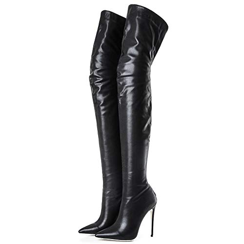Kitulandy Women's Over The Knee Boots High Heels Zipper PU Leather Thigh High Boot - 9.5 - Black a