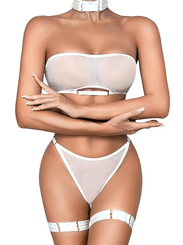 Kaei&Shi Sheer Mesh Lingerie Set, Sexy Bra And Panty 4PC, Strapless Choker - White - 12-14